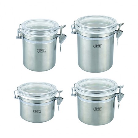 5600 GIPFEL Набор банок PULE 4шт для герметичного хранения сыпучих продуктов 0,9л, 1,1л, 1,5л,1,8л (нерж. сталь)
